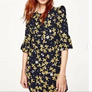 Zara Women’s Navy Bell Sleeve Mini Dress with Yellow Flowers